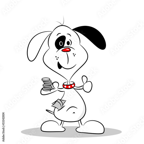Vector: A cartoon dog with money on a white background A cartoon dog with money on a white background