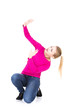 Foto: Scared young woman afraid of something above her Scared young woman afraid of something above her
