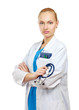 A portrait of a female doctor holding a stethoscope