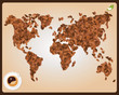 World map made of coffee beans with cup of coffee, vector
