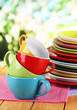Mountains colorful dishes on napkins on nature background