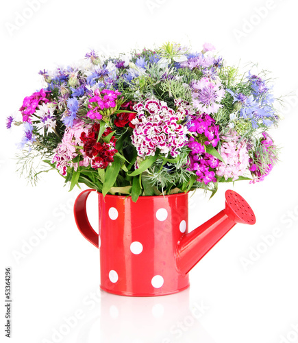 Photo: Beautiful bouquet in watering can isolated on white Beautiful bouquet in watering can isolated on white