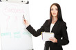 Businesswoman presenting on whiteboard.