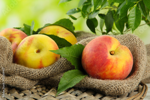 Photo: Ripe sweet peaches on wooden table in garden, close up Ripe sweet peaches on wooden table in garden, close up