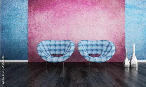 Illustration: Two blue chairs against pink wall Two blue chairs against pink wall