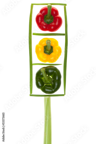 Photo: Traffic lights with colored peppers, chives and celery Traffic lights with colored peppers, chives and celery