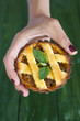 Hand holding apricot pie with mint