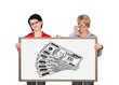 two woman holding blackboard