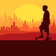 Skater silhouette in front of city landscape vector background
