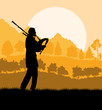 Scottish bagpiper silhouette landscape vector background