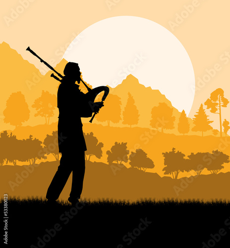 Vector: Scottish bagpiper silhouette landscape vector background Scottish bagpiper silhouette landscape vector background
