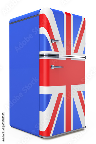 Illustration: Retro refrigerator with the British flag on the door Retro refrigerator with the British flag on the door