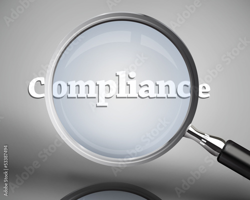 Illustration: Magnifying glass showing compliance word in white Magnifying glass showing compliance word in white