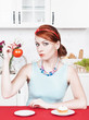 Photo: Woman choosing between healthy food and cake Woman choosing between healthy food and cake