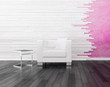 White chair against pink wall with bricks