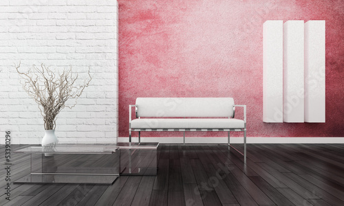 Illustration: White sofa in front of red wall with bricks White sofa in front of red wall with bricks