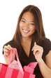 woman smile looking pink bag