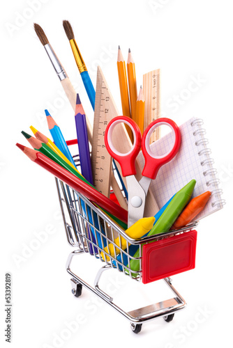 Photo: School or office supplies, drawing tools in a shopping cart School or office supplies, drawing tools in a shopping cart