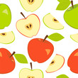 Red and green fresh apples on white seamless pattern, vector