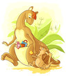 Funny cartoon vector family kangaroo walk. Mother with her baby