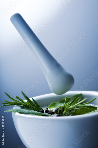 Photo: Porzellan Mörser mit Kräutersalz Porzellan Mörser mit Kräutersalz