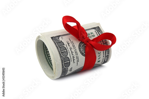 Photo: roll of one hundred dollar bills tied with red ribbon roll of one hundred dollar bills tied with red ribbon