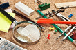 office supplies in a mess on the table