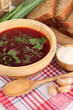 Delicious borsch on table close-up