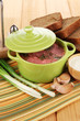 Delicious borsch on table close-up