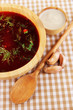 Delicious borsch on table close-up