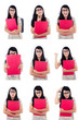 Asian female student multi pose on white
