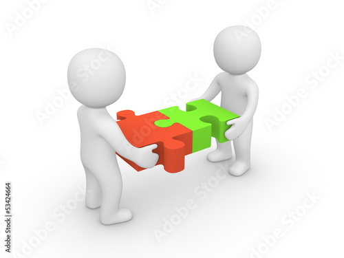 Illustration: Two 3d man joining together puzzle pieces Two 3d man joining together puzzle pieces