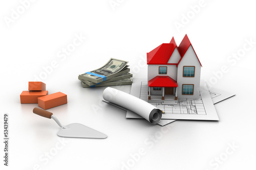 Illustration: House model on a plan. House model on a plan.