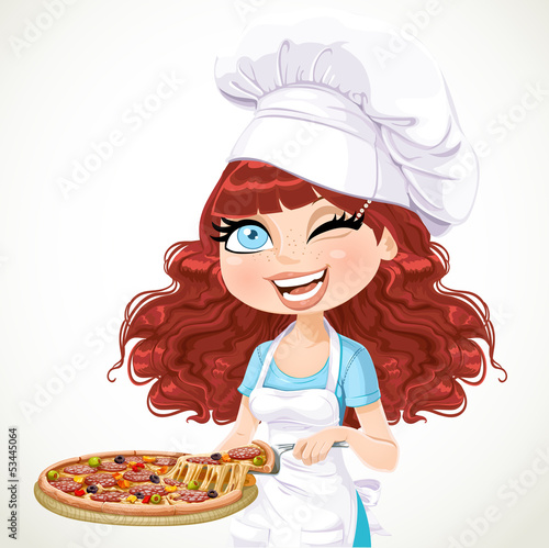 Illustration: Cute curly hair girl chef offers a taste of pizza isolated on wh Cute curly hair girl chef offers a taste of pizza isolated on wh