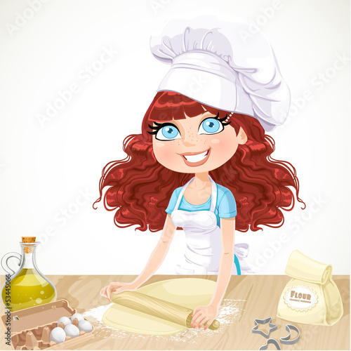 Illustration: Cute curly hair girl baking cookies isolated on white background Cute curly hair girl baking cookies isolated on white background