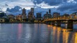 Portland Oregon and Hawthorne Bridge at dusk, time lapse