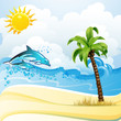 Beach with palm tree and dolphins