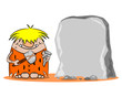 A cartoon caveman with hammer and chisel next to a blank rock
