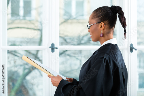 Photo: Lawyer in office with dossier standing an window Lawyer in office with dossier standing an window