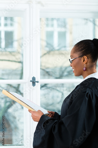 Photo: Lawyer in office with dossier standing an window Lawyer in office with dossier standing an window