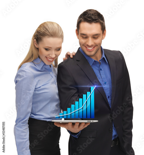 Photo: two business people showing tablet pc with graph two business people showing tablet pc with graph