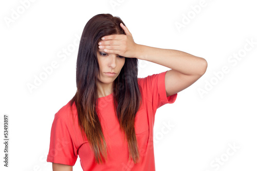 Photo: Brunette girl with headache Brunette girl with headache