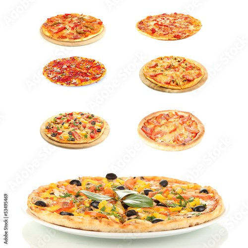 Photo: different kind of delicious pizza isolated on white different kind of delicious pizza isolated on white