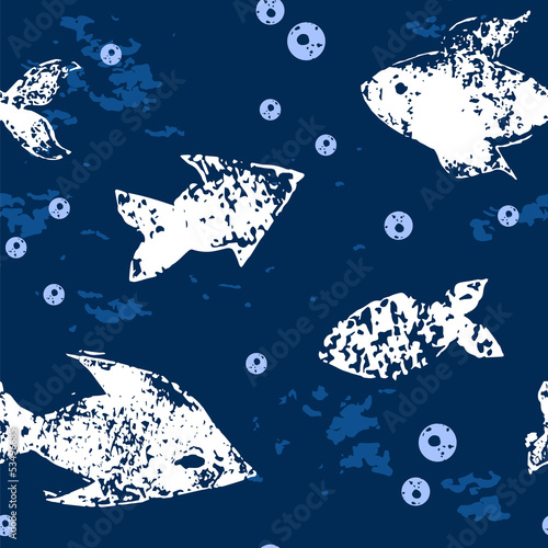 Grunge hand printed white fishes in blue sea seamless pattern
