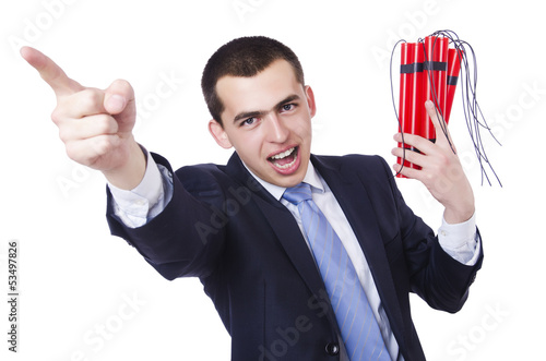 Photo: Businessman with dynamite isolated on white Businessman with dynamite isolated on white