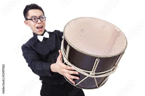 Photo: Funny man with drum on white Funny man with drum on white