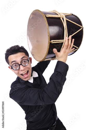 Photo: Funny man with drum on white Funny man with drum on white
