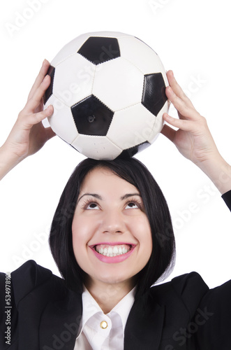 Photo: Businesswoman with ball on white Businesswoman with ball on white