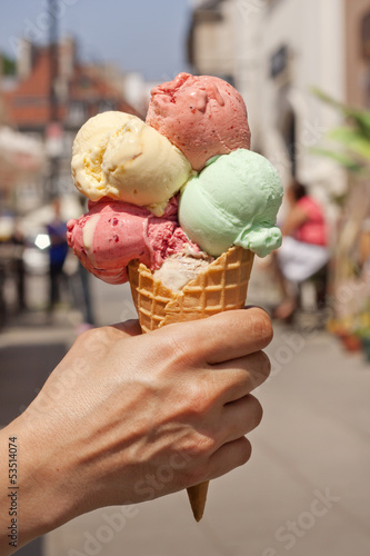 Photo: Heat in the city sweltering and melting ice cream concept Heat in the city sweltering and melting ice cream concept