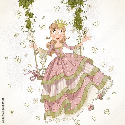 Vector: Cute princess swinging on a swing drawing in vintage style Cute princess swinging on a swing drawing in vintage style